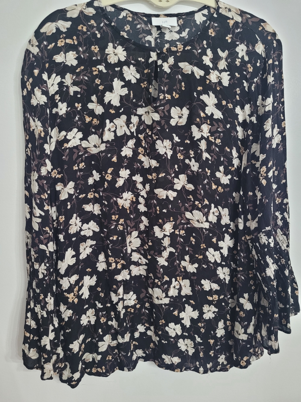 J. Jill Womens XL Black Floral Woven Rayon Round Neck Pleated Bell Sleeve Blouse